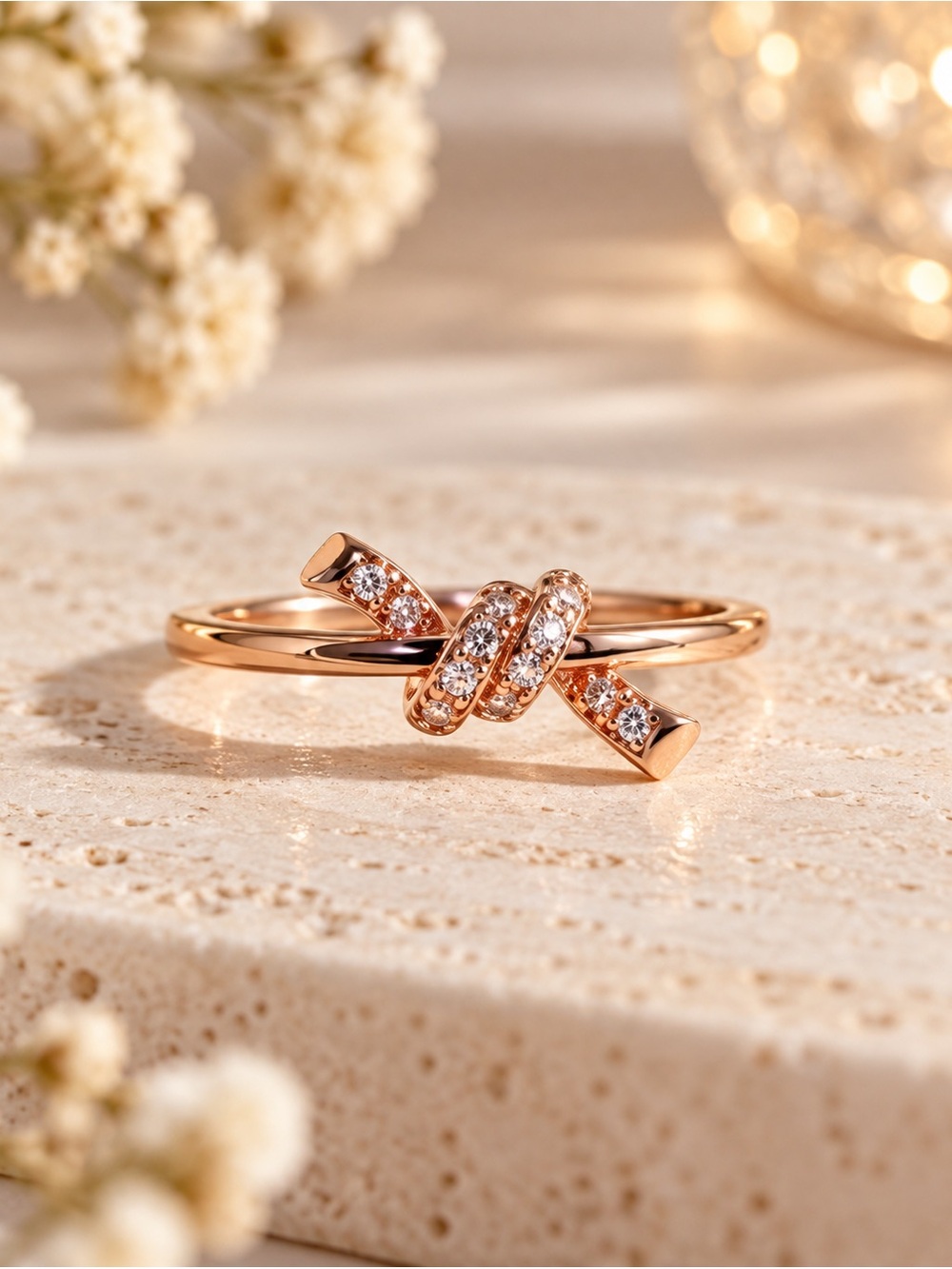 Rose Gold Crystal Bow Knot Adjustable Ring Dainty Feminine Boho Sparkle Jewelry